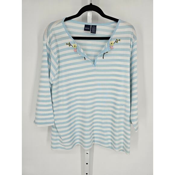 Basic Editions Women's Blue White Striped V-neck Embroidered T-shirt Top Size 2X - Picture 1 of 4